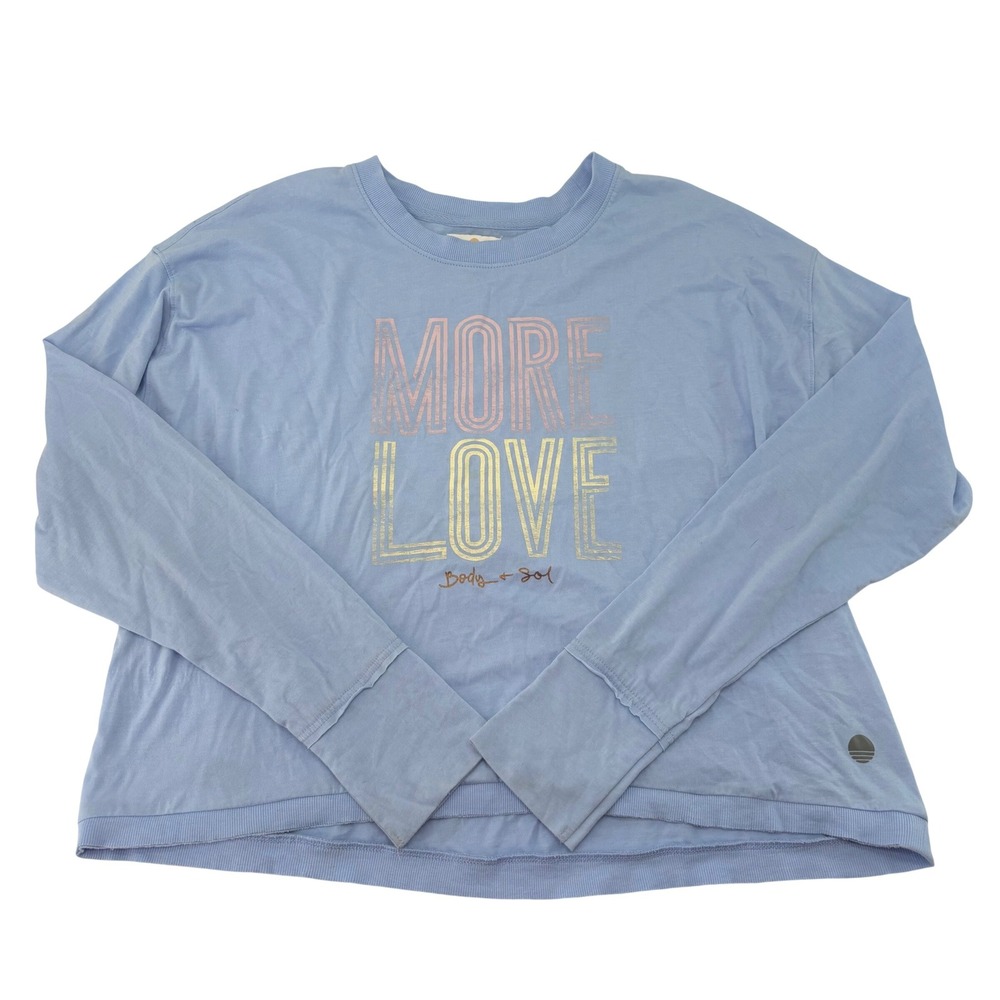Body & Sol Women Blue More Love Metallic Graphic Long Sleeve Tee Shirt L